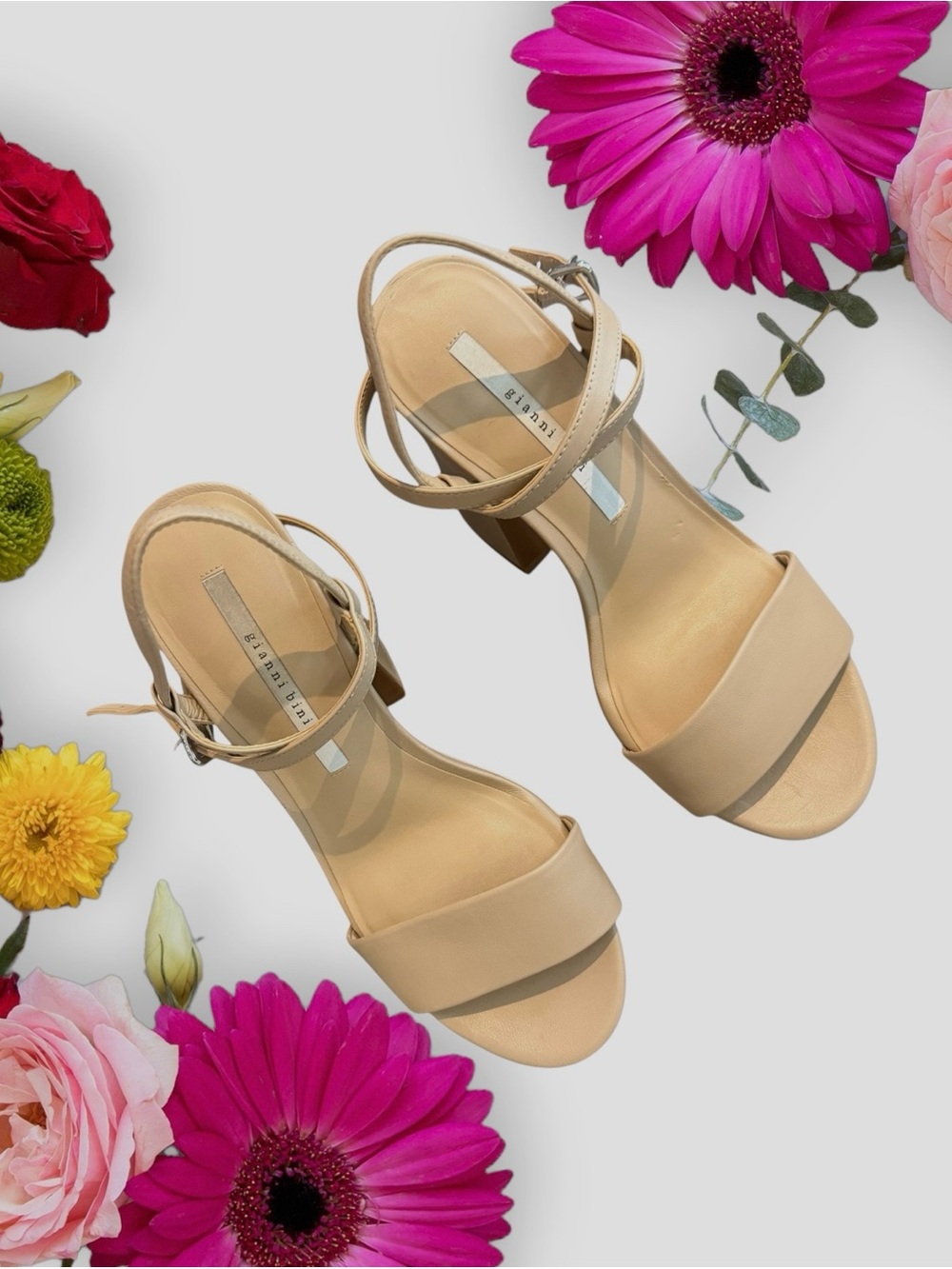 Gianni Bini Nude Tan Block Heel Sandals with Ankle Strap